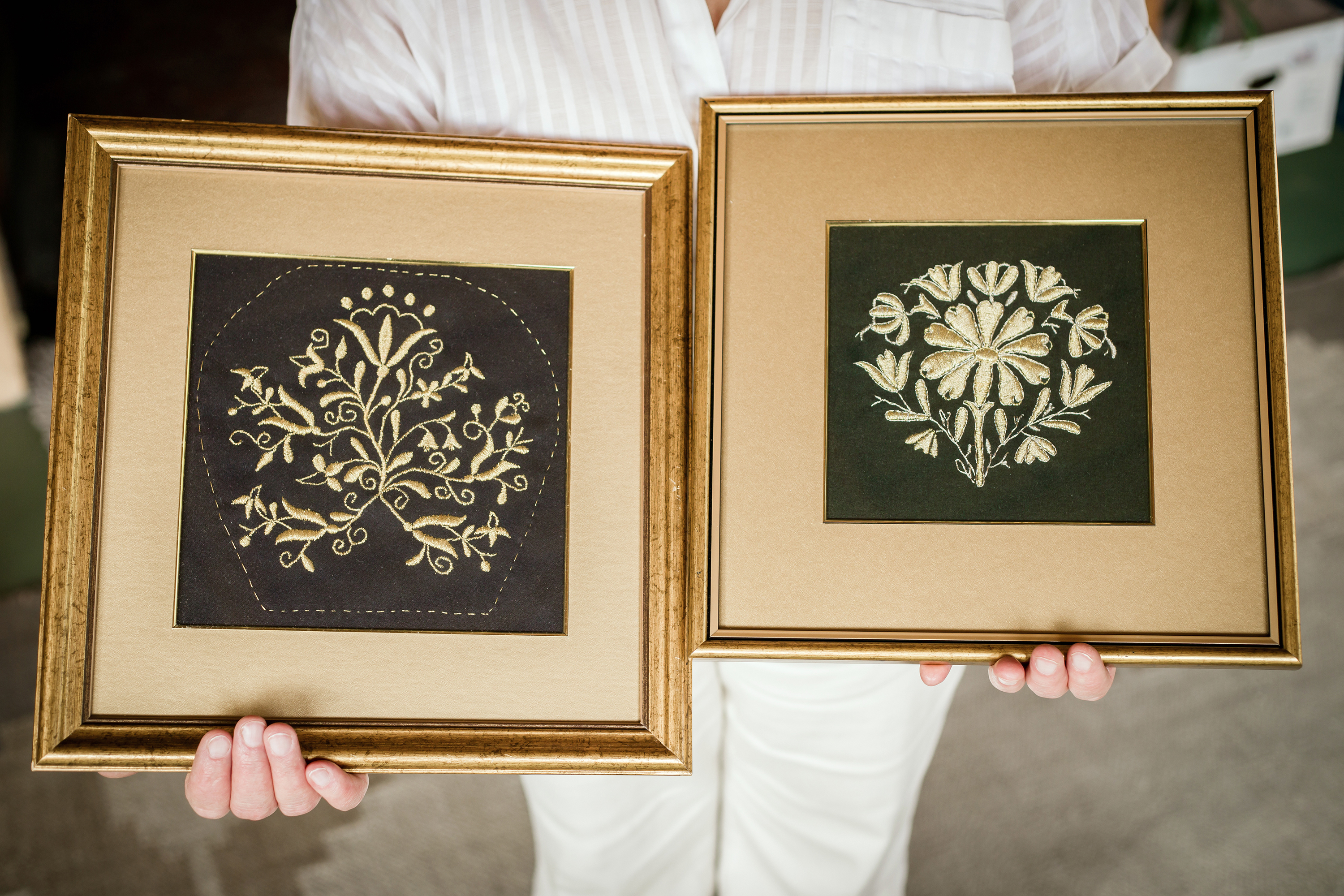 The Kashubian embroidery for headscarves, made with metallic thread.