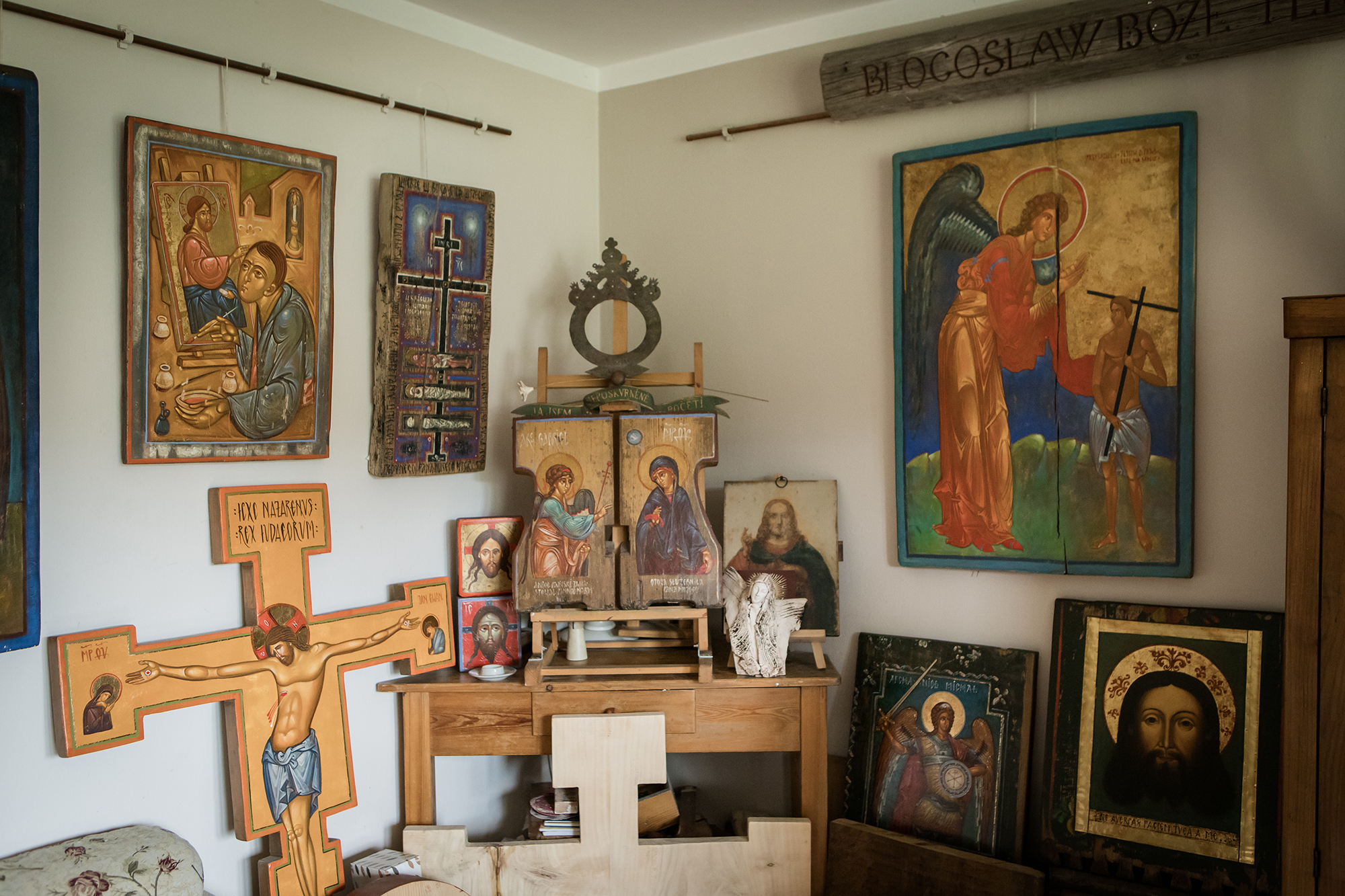 Icons written by Robert. In the center, on the easel, the Annunciation diptych.